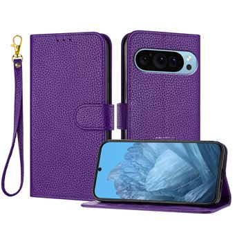 Capa Flip FOXDOCK para Google Pixel 9 | Absorção Magnética de Impacto | Pele PU | Compartimentos para Cartões e Alça de Pulso Removível | Roxo - 1
