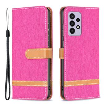 Capa magunivers PU textura de jeans, cor de contraste com suporte e alça rosa para Samsung Galaxy A33 5G - 1
