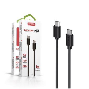Cabo PD Type-C CU-2106 Accetel para Oppo Reno 6 Pro 5G | 4 x Velocidade de Carregamento | 1M | 3A | 60W | Power Delivery 3.0 - Preto - 1
