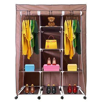 Guarda-roupa de Tecido com Portas Zíper e Rodas Nyana Home | 170x125x45 cm | 6 Espaços | 3 Portas | Castanho - 1
