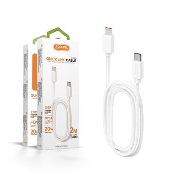 Cabo PD Lightning Accetel CU-2203 para Apple iPhone 15 Pro | 2.5 x Velocidade de Carregamento | 2M | 3A | 20W | Branco - 1