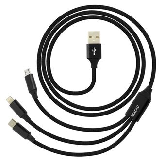 Cabo Multiporta Moxie 3 em 1: Lightning, USB tipo C e Micro USB 3 A - Preto - 1