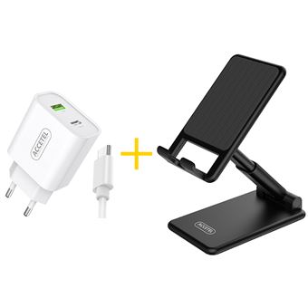 Pack Office Suporte Accetel SP127B + Cabo Type C + Carregador para Apple iPhone 15 Pro AC527 | 1 X USB + 1 X Type-C | 12W | 2.4A -  Branco + Preto - 1
