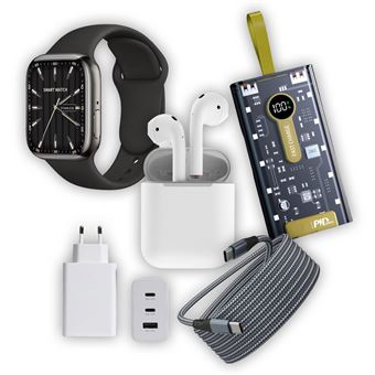 Kit Essential Android Klack® Smartwatch T500 Plus Preto + Carregador Universal 65W 1USB 2 Tipo C + Auriculares Sem Fios Bluetooth + PowerBank 10.000 mAh+ Cabo Tipo C - C - 2M Carregamento Rápido | Pack de Acessórios Universal - 1