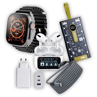 Kit Essential PREMIUM Klack® Smartwatch Ultra 8 Premium Preto + Carregador Universal 65W 1USB - 2Tipo C + Auriculares sem fios Bluetooth ANC Noise Cancelling + Powerbank 20.000 mAh + Cabo Tipo C-C - 2M | Acessórios Universal - 1
