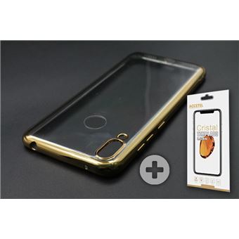 Conjunto com Película de Vidro Temperado e Capa Skyhe para Huawei Y7 2019 Gel Bumper Dourado