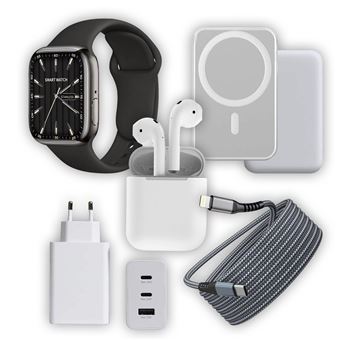 Kit Essencial Klack® Smartwatch T500 Plus Preto + Carregador Universal 65W 1USB - 2Tipo C Rápido + Auriculares Sem Fios Bluetooth + MagSafe 5.000 mAh + Cabo Tipo C - Lightning 2 Metros Carregamento Rápido | Pack de Acessórios compatível com IOS Iphone - 1
