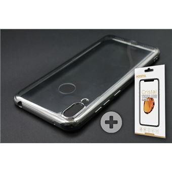 Conjunto com Película de Vidro Temperado e Capa Skyhe para Huawei Y7 2019 Gel Bumper Prateado