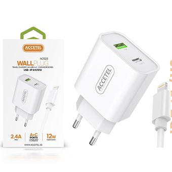 Kit Accetel Carregador Dupla Entrada USB + Type-C com Cabo Lightning AC523 para Apple iPhone 14 | Rápido Carregamento | 2.4A | 12W - Branco - 1