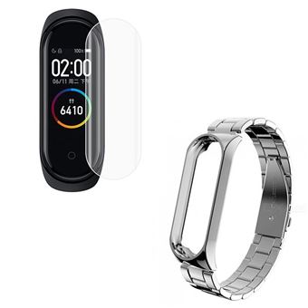 Kit Phonecare Pulseira Bracelete Aço Stainless Lux + Ferramenta + Película Protectora Ecrã Gel Full Cover para Xiaomi Mi Band 4 - Cinza - 1