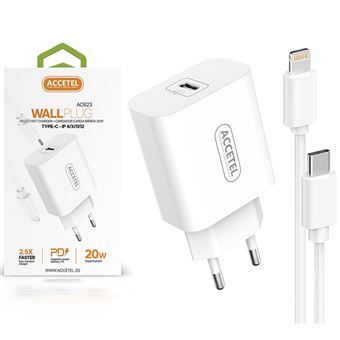 Kit Accetel Carregador PD + Cabo Lightning AC623 para Apple iPhone 14 | Rápida Velocidade de Carregamento 2.5X | 20W | Power Delivery 3.0 - Branco - 1