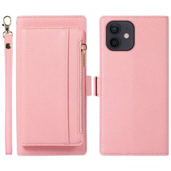 Capa PU à prova de gotas, 2 em 1 magnético, textura de lichia com suporte, bolso com fecho de correr e alça Magunivers para iPhone 11 6.1'' - rosa - 1
