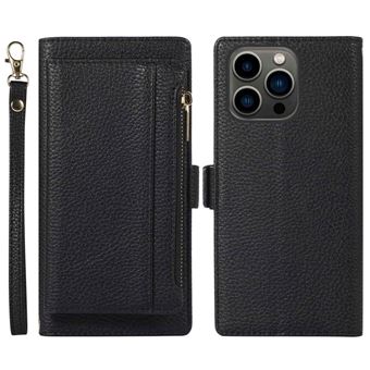 Capa PU 2 em 1 magnético, textura de lichia, à prova de gotas com suporte, bolso com fecho de correr e alça Magunivers para iPhone 14 Pro - preto - 1