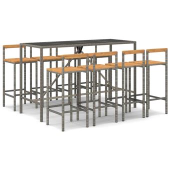 Conjunto de Bar para Jardim vidaXL | 9 Peças |  vime PE/acácia maciça cinzento - 1