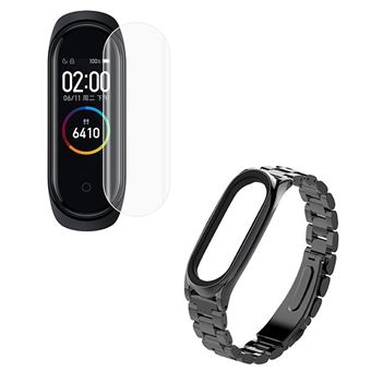 Kit Phonecare Pulseira Bracelete Aço Stainless Lux + Ferramenta + Película Protectora Ecrã Gel Full Cover para Xiaomi Mi Band 4 - Preto - 1