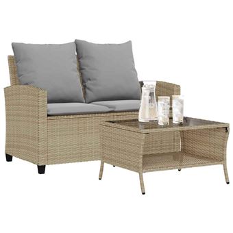 Sofá de jardim com mesa e almofadões 2 lugares vidaXL | Vime PE bege - 1