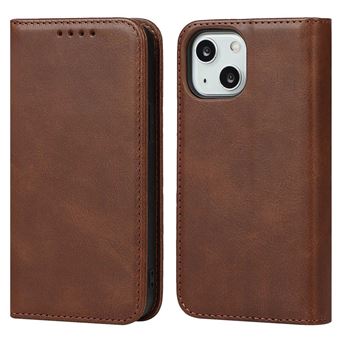 Capa PU textura da panturrilha, fechamento automático magnético, à prova de choque com apoio Magunivers para iPhone 14 - castanho escuro - 1