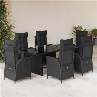 Conjunto de jantar para jardim vidaXL | 7 peças | com almofadões vime PE preto - 1