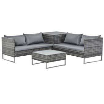 Conjunto de 4 Móveis Outsunny de Vime para Jardim com 2 Sofás Duplos | Mesa Central | Mesa de Baú e Almofadas Removíveis | 132 x 69 x 64 cm - Cinza - 1