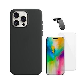 Kit Vidro Temperado Clearglass + Capa Silicone Líquido + Suporte Magnético L Safe Driving Phonecare para Apple iPhone 16 Pro Max | Preto - 1