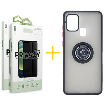 Pack 2 x Película de Vidro Temperado Anti-Spy + Capa skyhe Samsung Galaxy A21s Gel Bumper Ring - Preto - 1