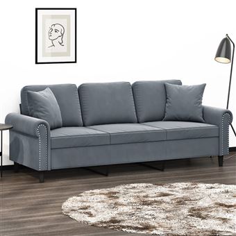 Sofá 3 lugares com almofadas decorativas vidaXL | 180 cm | veludo cinza-escuro - 1