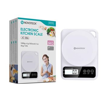 Balança Digital de Cozinha Novoteck JC-006 | Capacidade 5kg | Precisão de 1g | Função Tara | Display LCD | Design Moderno em Branco - 1