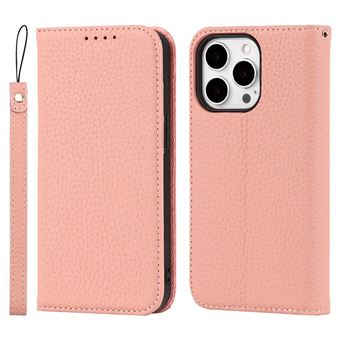 Capa de Couro Dourado Genuíno Textura de lichia com Suporte e Alça Rosa para iPhone 13 Pro 6.1'' - 1