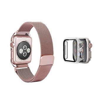 Kit Bracelete Milanese Loop Fecho Magnético + Capa Anti-Impacto Phonecare para Apple Watch Series 10 | 46mm | Rosa / Transparente - 1