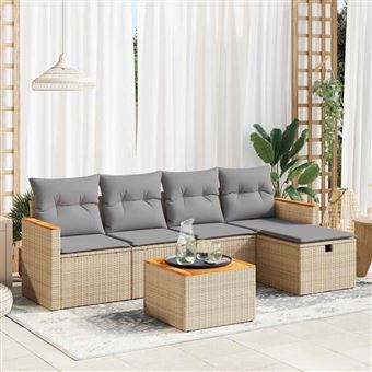 Conjunto de sofás para jardim com almofadões vidaXL | 6 Peças | vime PE bege - 1