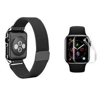 Kit Bracelete Milanese com Fecho Magnético + Pelicula de Hydrogel GIFT4ME para Apple Watch Series 10 - 46mm | Preto / Transparente - 1