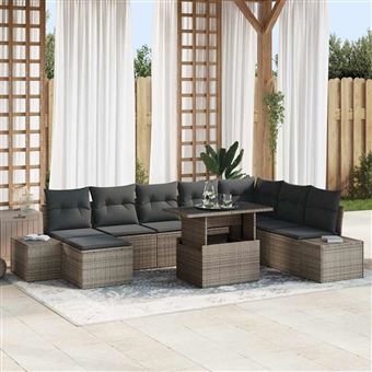 Conjunto de Sofá de Jardim com Almofada vidaXL | 9 Peças | Cinzento vime PE - 1
