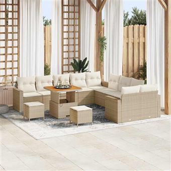 Conjunto de Sofá de Jardim com Almofada vidaXL | 13 Peças | Bege vime PE - 1