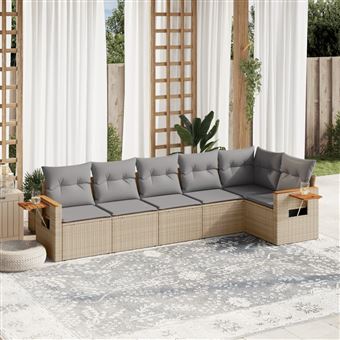 Conjunto de sofás para jardim com almofadões vidaXL | 6 peças | vime PE bege - 1