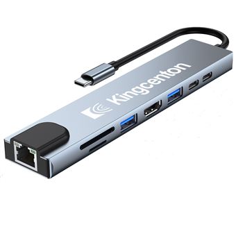 Adaptador USB-C Multiportas 8 em 1 KINGCENTON | PD100W | Ethernet RJ45 | 100 Mbps | HDMI 4K | USB 3.0 | Leitor de Cartão SD-TF - Cinza - 1