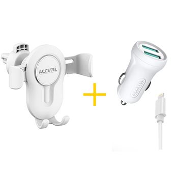 Pack Auto | Suporte Accetel SP118 + Cabo Lightning + Carregador para Apple iPhone 13 Pro Accetel CC263 2X USB 2.4A  Branco - 1