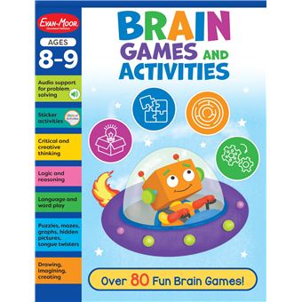 Evan-Moor Brain Games and Activities for Kids, Ages 8-9, Workbook, Hidden Pictures, Mazes, Sticker Activities, Logic Puzzles, Tongue Twisters, Audio, Secret Codes, Critical Thinking, Word Play - 1
