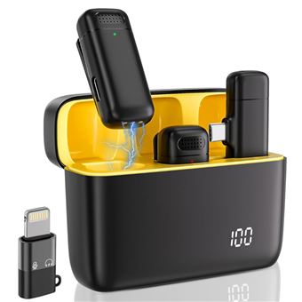 Microfone Lapela CO-Phénix 2 transmissores, com estojo de carregamento | Type-C+Lightning | Amarelo - 1
