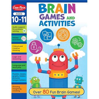 Evan-Moor Brain Games and Activities for Kids, Ages 10-11, Workbook, Hidden Pictures, Mazes, Sticker Activities, Logic Puzzles, Tongue Twisters, Audio, Secret Codes, Critical Thinking, Word Play - 1