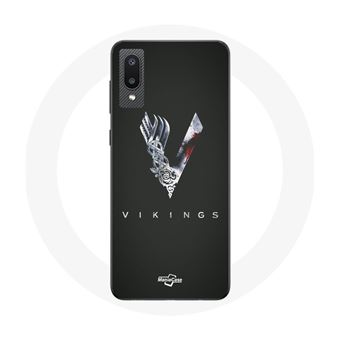 Capa Maniacase para Samsung Galaxy A02 Vikings Series Temporada 6 Logotipo V Epée Cinzento Fundo Preto - 1