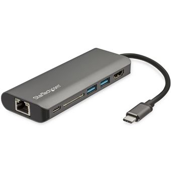 Base & Duplicador de Portas StarTech.com Adaptador multiportas USB C - Dock de viagem USB-C para HDMI de 4K, 3x Concentrador USB 3.0, SD/SDHC, GbE, Passagem de FE até 60W 3.0 - Mini estação de encaixe USB-C portátil USB Type-C/Thunderbolt 3 | Cinzento - 1