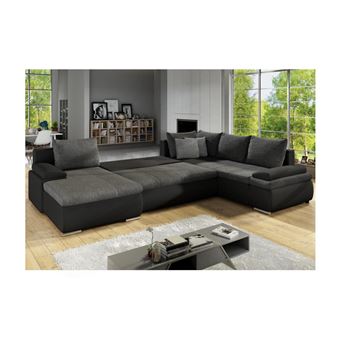 Sofá de Canto Panorâmico Vente Unique Dakota | Pele Sintética | Tecido Bicolor - Preto e Cinzento - 1