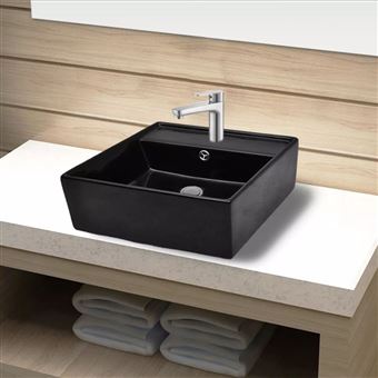 Lavatório de Cerâmica vidaXL Quadrado com orifício Torneira/descarga Preto - 1