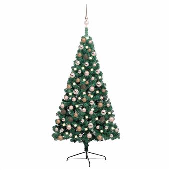 Meia árvore Natal artificial pré-iluminada vidaXL com bolas verde - 1