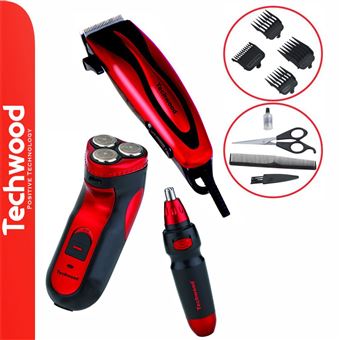 Kit TECHWOOD Máquina de Barbear + Corta Cabelo e Depilador Nasal - Preto e Vermelho - 1