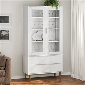Armário com vitrine vidaXL Molde | 90x35x175 cm | pinho maciço branco - 1