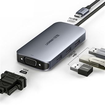 Adaptador PD Charge UGREEN 50210 para MacBook / HP / Spectre Envy / Samsung S9 /S8 /Note8 | 4 em 1 | USB-C para 3USB 3.0 Hub USB TYPE-C para VGA - Cinzento - 1