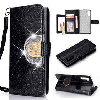 Capa Magunivers PU Espelho de Emenda de Strass Brilhante Preto para Samsung Galaxy Note 10