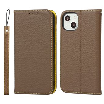 Capa de Couro Dourado Genuíno + TPU Textura de lichia com Suporte e Alça cáqui para iPhone 13 mini 5.4'' - 1