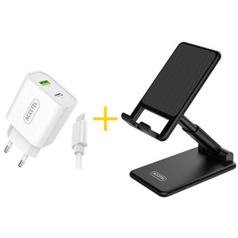 Pack Office Suporte Accetel SP127B + Cabo Lightning + Carregador para Apple iPhone X / XS Accetel AC523 1 X USB + 1 X Type-C | 12W | 2.4A - Branco + Preto - 1